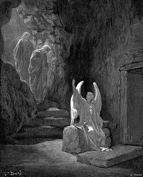 Angel showing Mary Magdalene and the other Mary Christs empty tomb. Mark 16