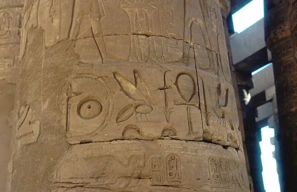Ankh, Ancient Egyptian symbol of life, and Bee carved on column at Temple of Karnak