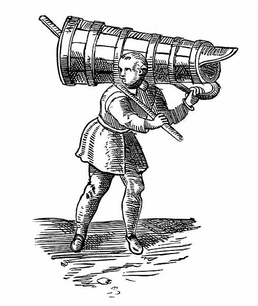 An apprentice, carrying a vessel wooden as tall as himself, on his way to fetch water