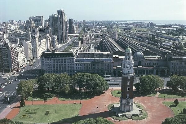 Argentina, Buenos Aires, Aerial view of city, with Plaza de la Fuerza Aerea (former Plaza Britannica) Torre Monumental (tower) or Torre de los Ingleses and Retiro railway station