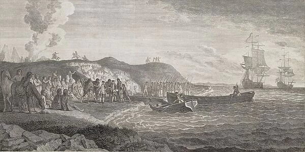Argentina, Patagonians welcoming Commander Byron by Robert de Launay from Cook Atlas, engraving, 1784