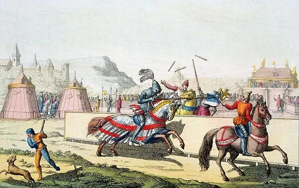 Armoured knights jousting at a tournament. The knight on far side has a shattered lance