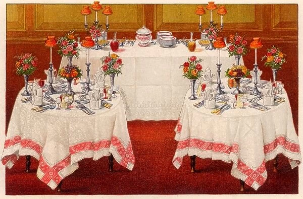 Arrangement of tables for a buffet supper. Oleograph from Household Management by Isabella Beeton
