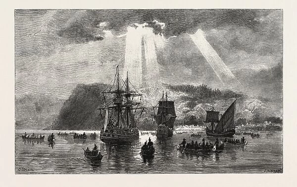Arrival of Jacques Cartier at Stadacona, Canada, Nineteenth Century Engraving