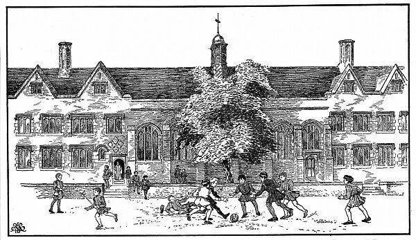 Artists impression of boys in Tudor times playing football at Berkhamsted Grammar School
