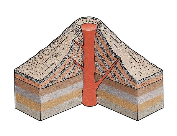 Artwork cross-section diagram of a volcano showing the vent, magma, strata and a gentle slope of basaltic lava flow