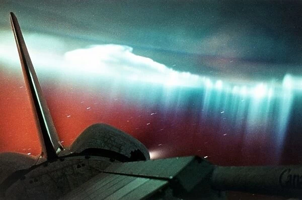Aurora Australis (curtain form) viewed from Space Shuttle Endeavour, part of which