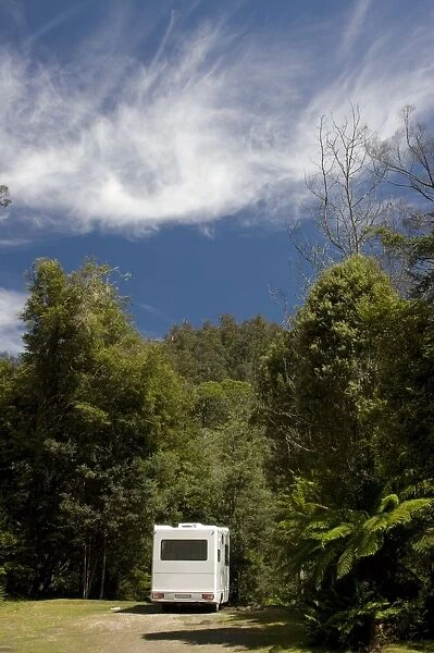 Australia, Tasmania, Hellyer Gorge, camper van on country road