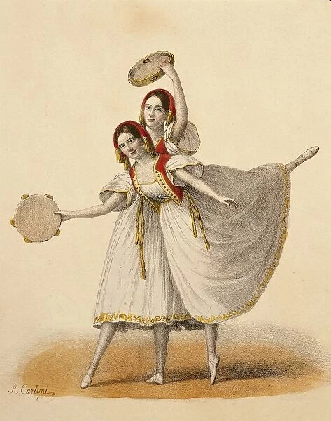 Austria, Vienna, Two dancers perfoming the double step, color engraving