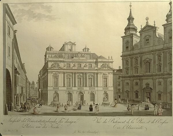 Austria, Vienna, old university and Jesuitenkirche (Jesuit church) or Universitatskirche (University church), by Carl Schutz, illustration