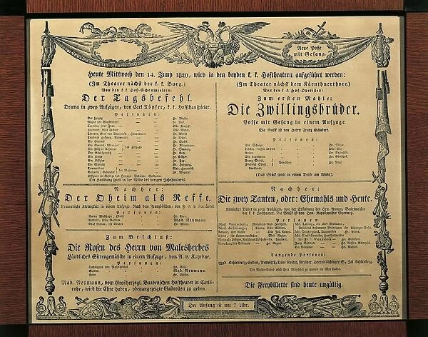 Austria, Vienna, Poster of Franz Schuberts operetta The Twin Brothers, June 14, 1820
