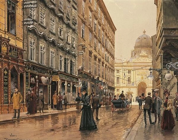 Austria, Vienna, watercolor painting of corner of Volkmarkt