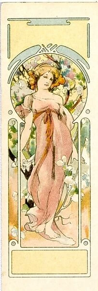 Autumn. Lady with blonde hair in pink dress, Artist Alphonse Mucha, Art Nouveau