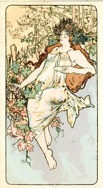 Autumn2. Lady with red hair in white dress, Artist Alphonse Mucha, Art Nouveau