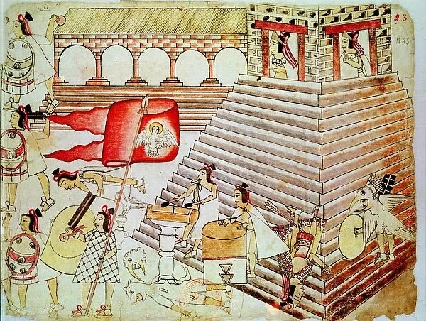Aztec warriors defending the temple of Tenochtitlan against Conquistadors. Biblioteque Nationale