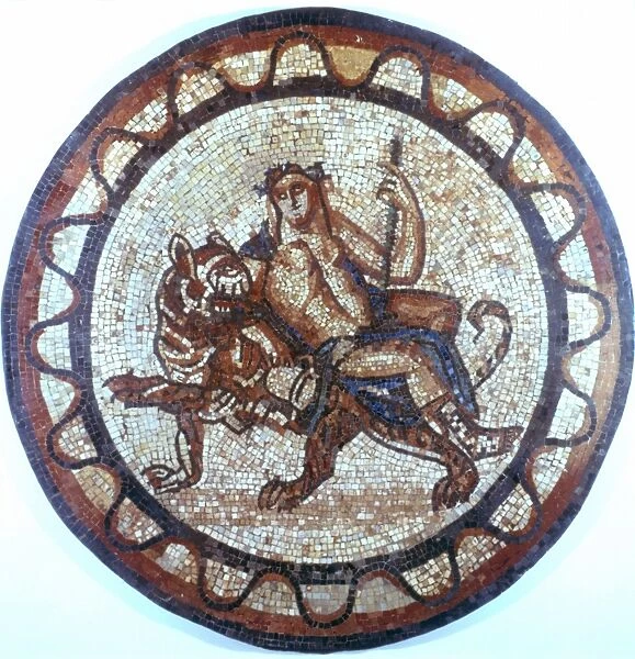 Bacchus, Ancient Roman god of Wine (Dionysius in Greek pantheon) riding on a tiger