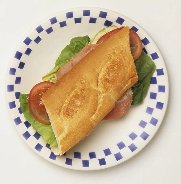 Baguette sandwich stuffed with ham, tomatoes and lettuce leaves, on a white plate with blue pattern around edges, view from above