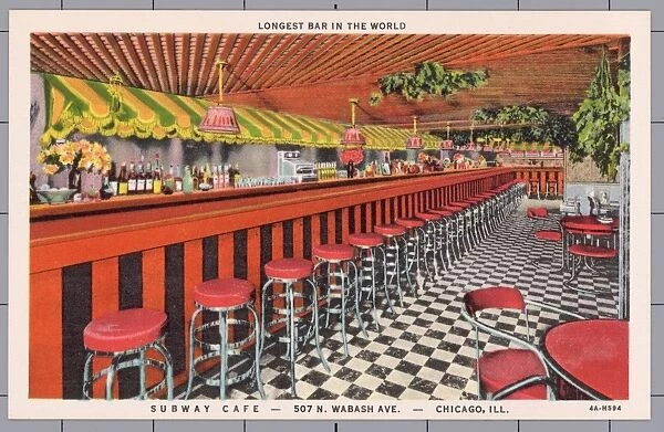 Bar in the Subway Cafe. ca. 1934, Chicago, Illinois, USA, LONGEST BAR IN THE WORLD. SUBWAY CAFE-507 N. WABASH AVE. -CHICAGO, ILL. DINE, DANCE, ENTERTAINMENT, NO COVER CHARGE, NEVER CLOSED