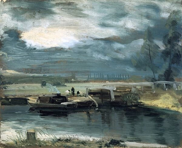 Barges on the Stour at Flatford Lock, with Dedham Church, 1811. John Constable