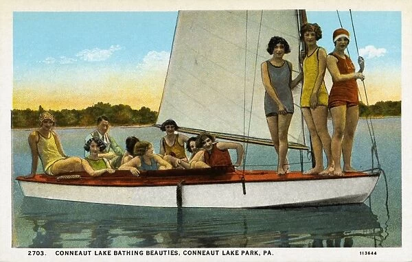 Bathing Beauties on a Sailboat. ca. 1927, Pennsylvania, USA, CONNEAUT LAKE BATHING BEAUTIES, CONNEAUT LAKE PARK, PA