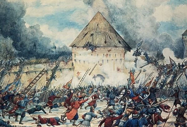 Battle with polish interventionists at the vladimir gate of kitai-gorod (china town) in moscow, 1612, watercolor by g, lissner