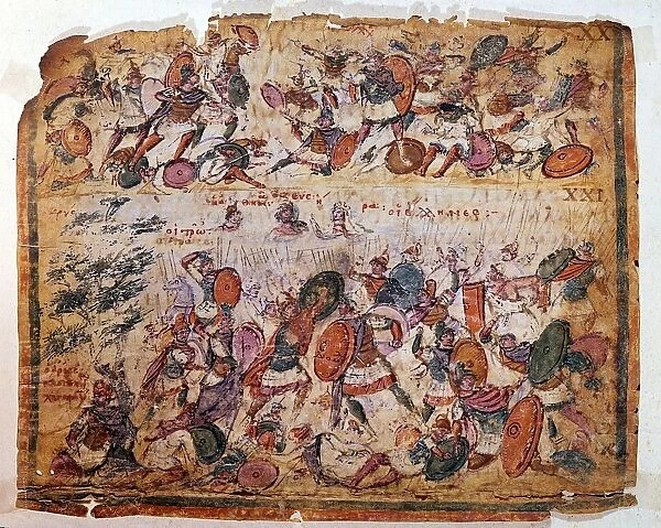 Battle scene from a manuscript of Homer Iliad c300 AD. Biblioteca Ambrosiana Milan