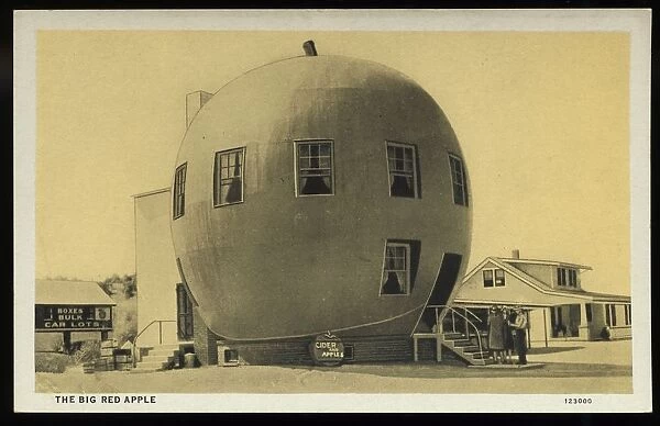Big Red Apple. ca. 1928, Wathena, Kansas, USA, The Big Red Apple. 30 feet high. HUNT BROS. ORCHARD, WATHENA, KAS. Stop at Millers Pharmacy for high class Fountain Service