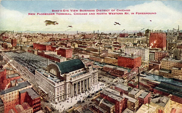 Birds Eye View of Business District of Chicago, New Passenger Terminal, Chicago and North Western RY, in Foreground