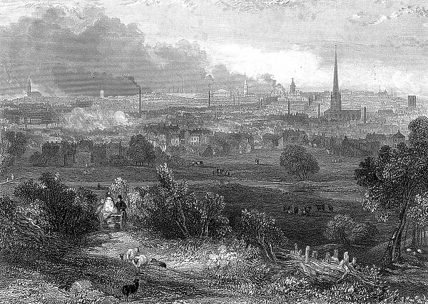 Birmingham viewed from the south showing smoking chimneys. Engraving c1860