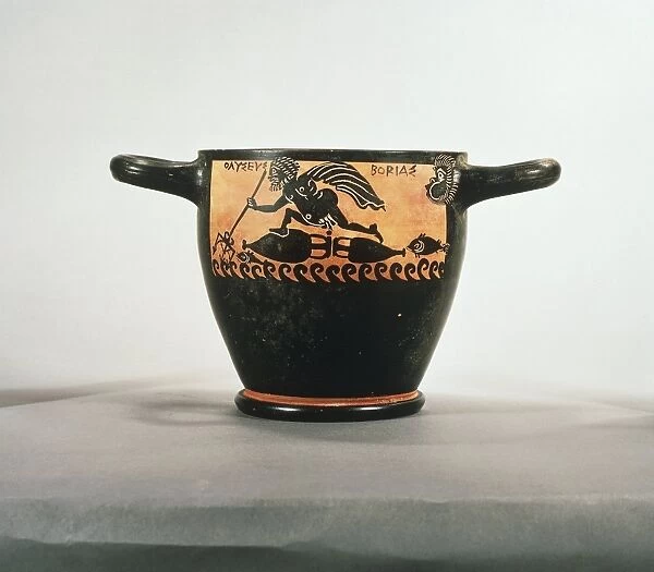 Black-figure pottery Carbire vase with scene of Ulysses, from Odysseus