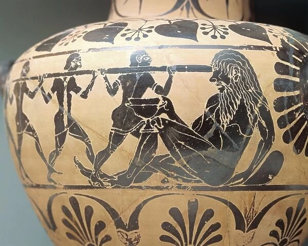 Black-figure pottery. Hydria depicting blinding of Polyphemus from Cerveteri, Rome, detail