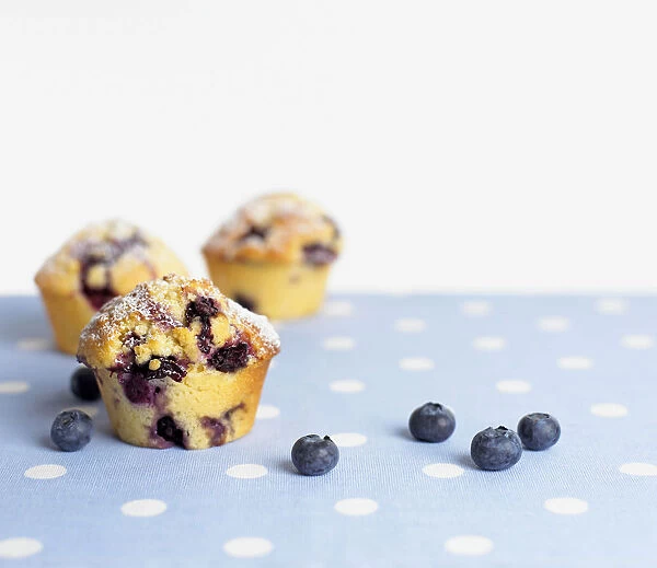 Blueberry muffins and fresh blueberries on polka dot tablecloth, close-up
