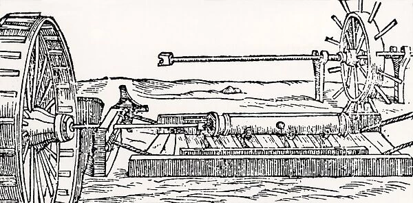 Boring cannon. In the left foreground is a two-man treadmill and in the right background