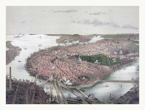 Boston birds eye view from the north by J. Bachmann, circa 1877, US, USA, America