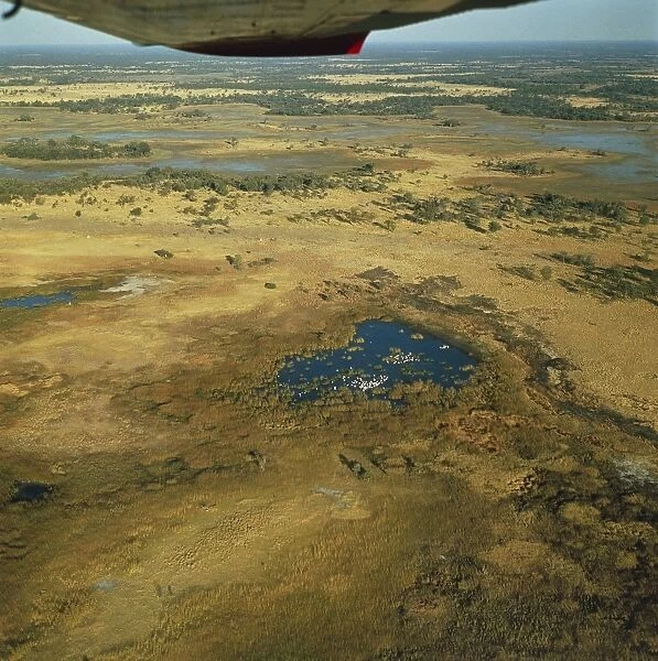 Botswana, Aerial view of ponds at Okawango Delta