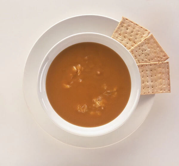 Bowl of Maryland blue crab soup served with crackers, view from above