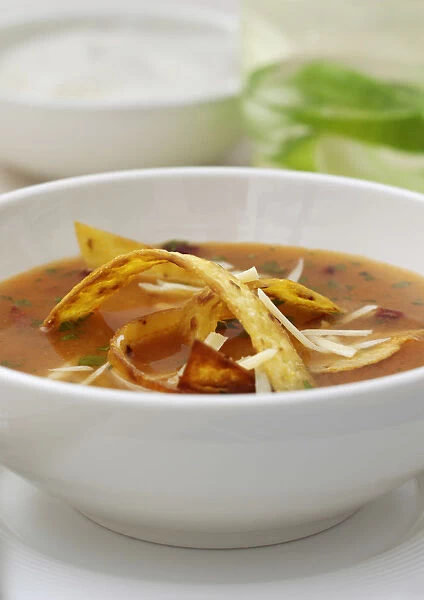 Bowl of Sopa De Tortilla soup, close-up