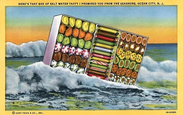 Box of Saltwater Taffy Washing Ashore. ca. 1941, Ocean City, New Jersey, USA, HEREs THAT BOX OF SALT WATER TAFFY I PROMISED YOU FROM THE SEASHORE, OCEAN CITY, N. J