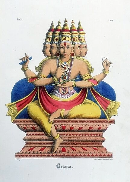 Brahma, first god of the Hindu trinity (trimurti), creator of the universe. Lithograph