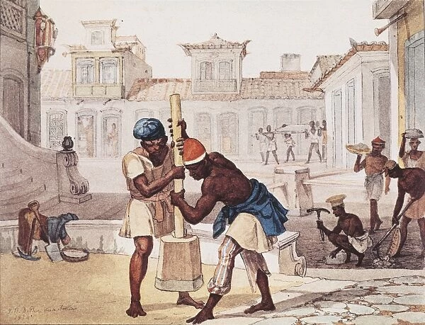 Brazil, History of Exploration, Workers laying paving From Journey to historic and picturesque Brazil by Jean Baptiste Debret, 1834