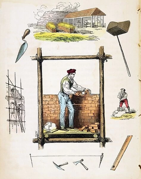 Bricklayer working on wooden scaffold. Top: Brickyard. Right: Miixing mortar. Hand-coloured