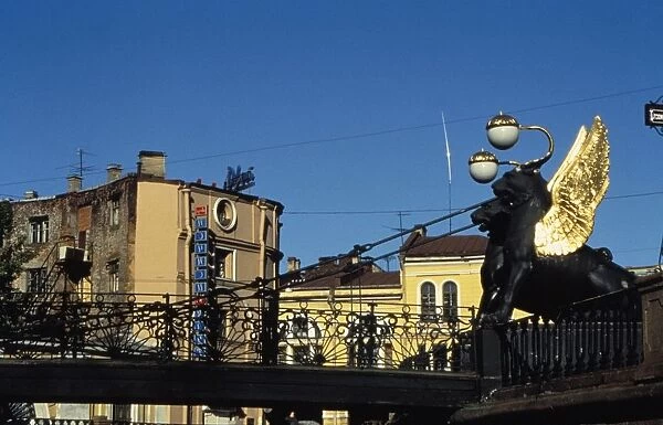 A bridge with griffins over griboyedov canal in st, petersburg, russia, 1990s