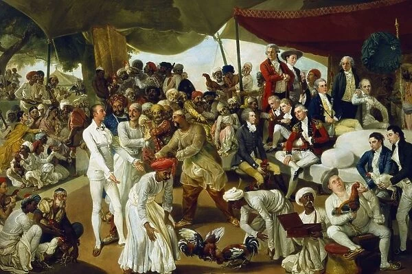 British in India. Colonel Mordaunt watching a cock fight at Lucknow. Artist, Johann Zoffany