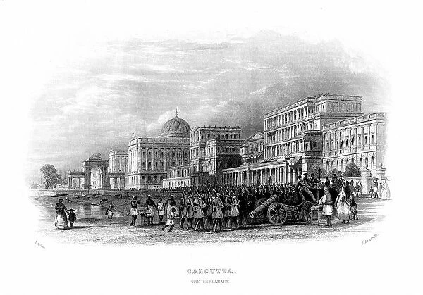 British troops parading on the Esplanade, Calcutta, India. Mid-19th century steel engraving