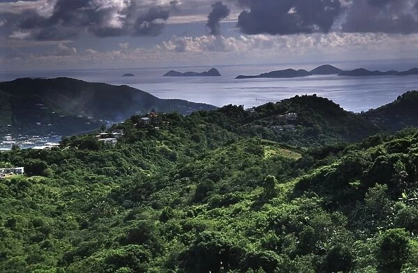 British Virgin Islands, Tortola, town in valley, tropical vegetation and islands of archipelago