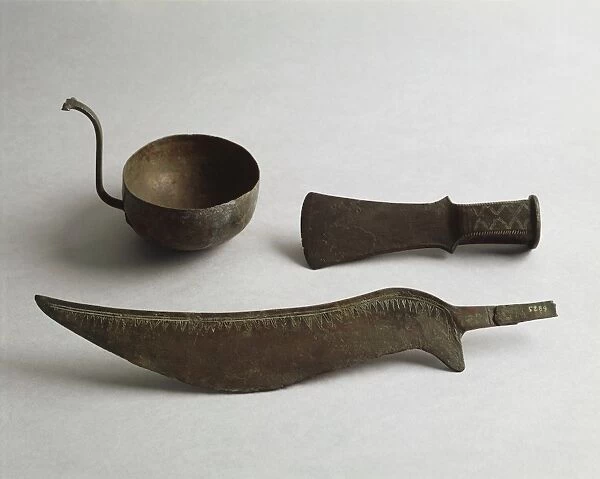 Bronze knife with decorations, axe and dipper cup
