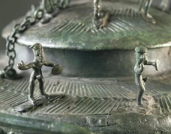 Bronze vase with lid ornament depicting ritual dance around chained bear, from Campi Bisenzio, province of Florence, Detail, dancers