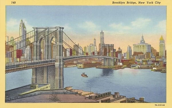 Brooklyn Bridge. ca. 1937, New York, New York, USA, 149. Brooklyn Bridge, New York City. When Brooklyn Bridge, the first great suspension bridge in the world, was constructed in 1883 predictions were made that it would fall in the river, but the bridge which is one mile long, including approaches, still stands. This view from the Brooklyn side shows the latest skyscrapers of downtown Manhattan. From left to right are the Cities Service, Manhattan Company, Transportation, Woolworth, Municipal and the Federal Court Buildings