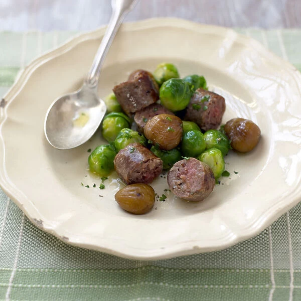 Brussels sprouts with venison sausage and chestnuts