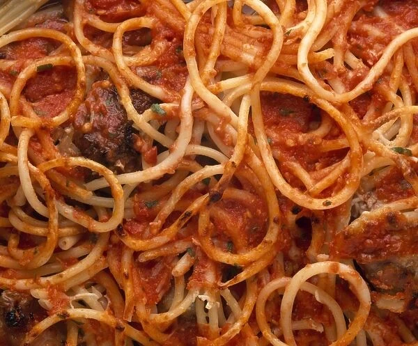 Bucatini al forno All amendolara, spaghetti with chicken and tomato sauce